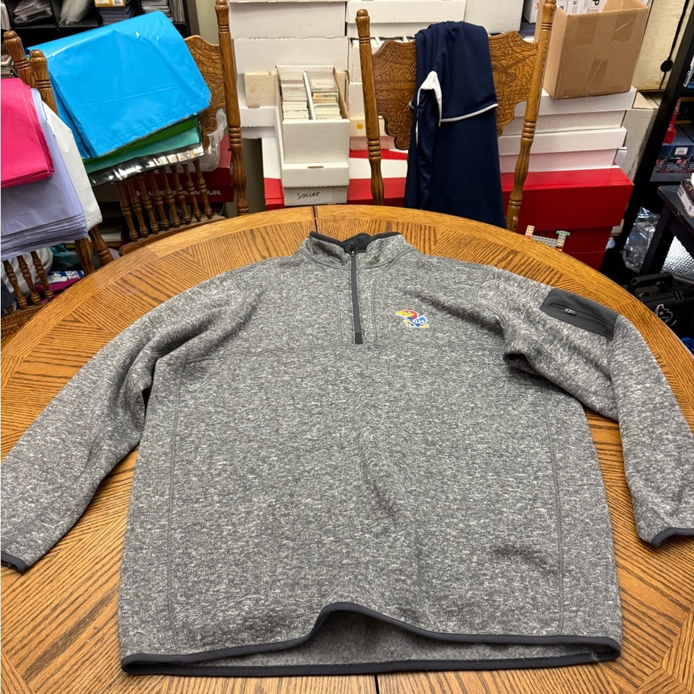 Antigua KU Fleece Gray Zip Up Sweater with Stand-Up Collar
